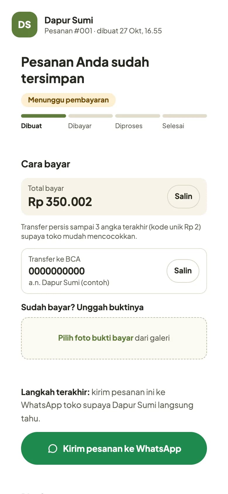 Halaman pesanan pembeli: total bayar, rekening toko, unggah bukti bayar, dan tombol kirim ke WhatsApp.